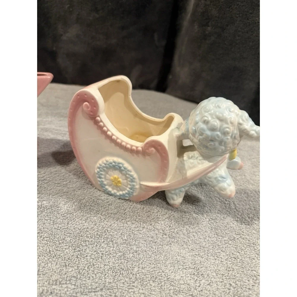 Vintage 1950s Abingdon Pottery Pink Star Vase / Planter & Lamb Baby Buggy Inarco